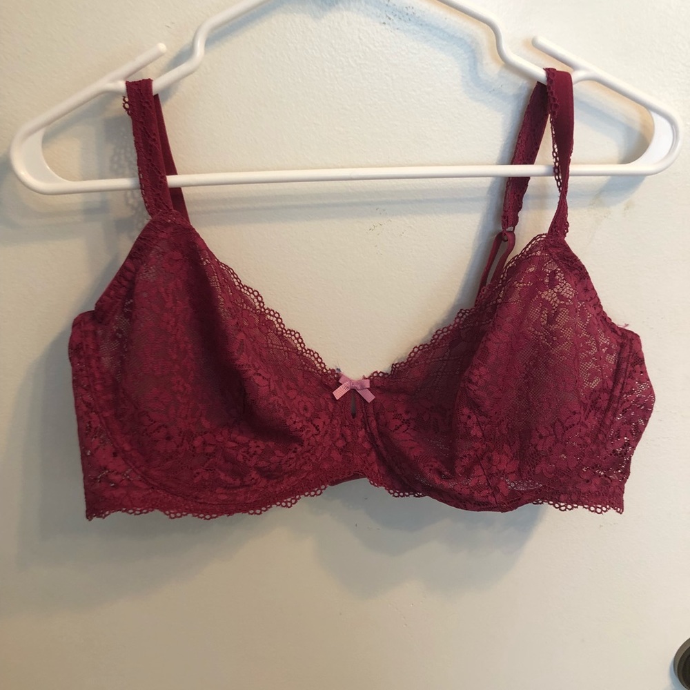 Deep red lace unlined bra